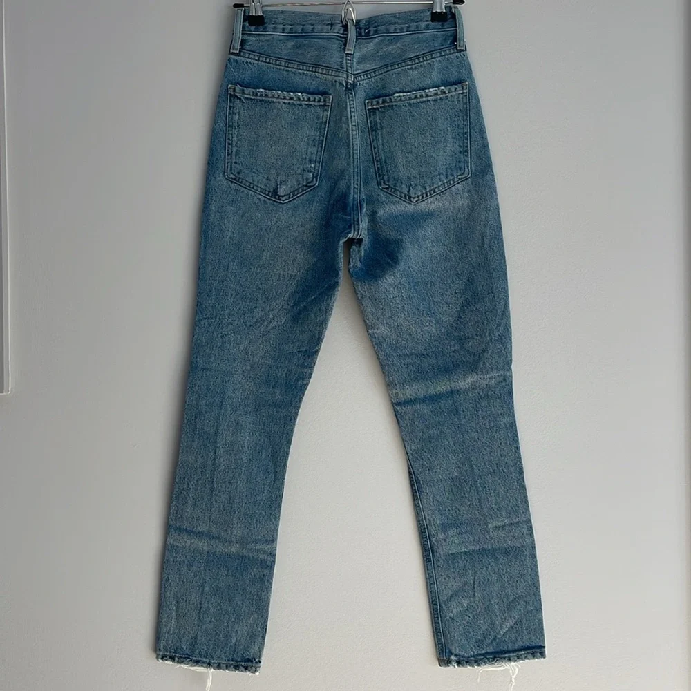 Agolde Riley Medium Wash Distressed High Rise Straight Jeans 24 - Picture 7 of 14